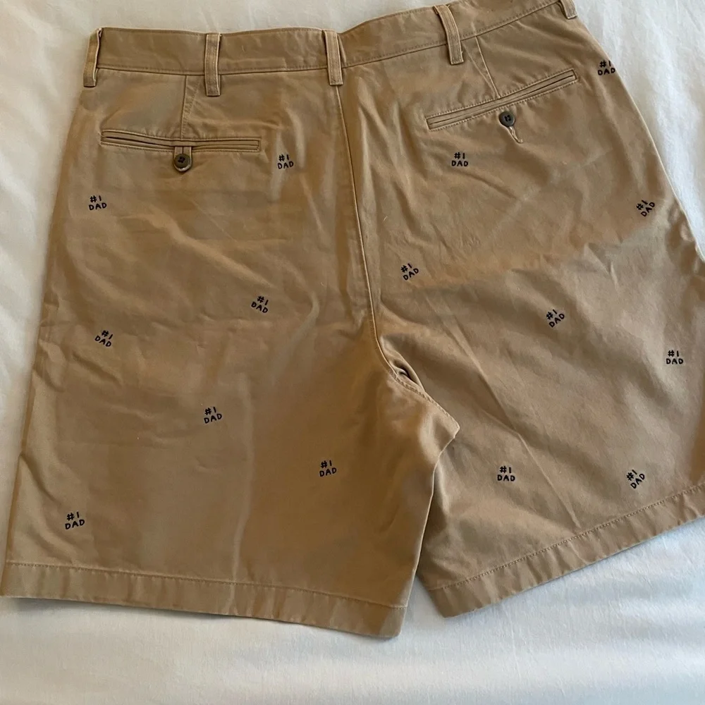 J. Crew Men's 8” Classic Tan Chino Shorts with #1 Dad Embroidery, 34W, NWOT